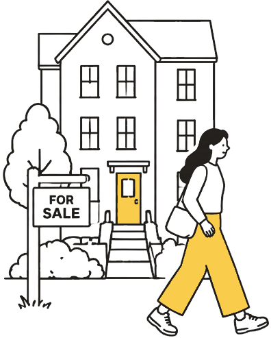 A townhouse with a for-sale sign, a neighbour walking past