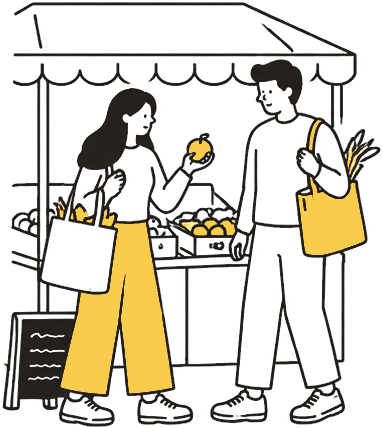 Two neighbours shopping at an outdoor market stall