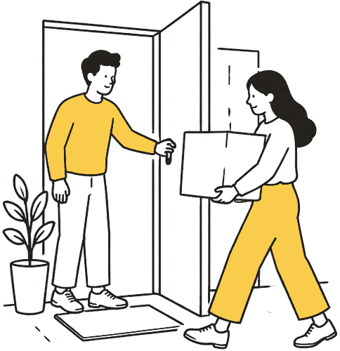 A person holding a door open while another carries a box inside